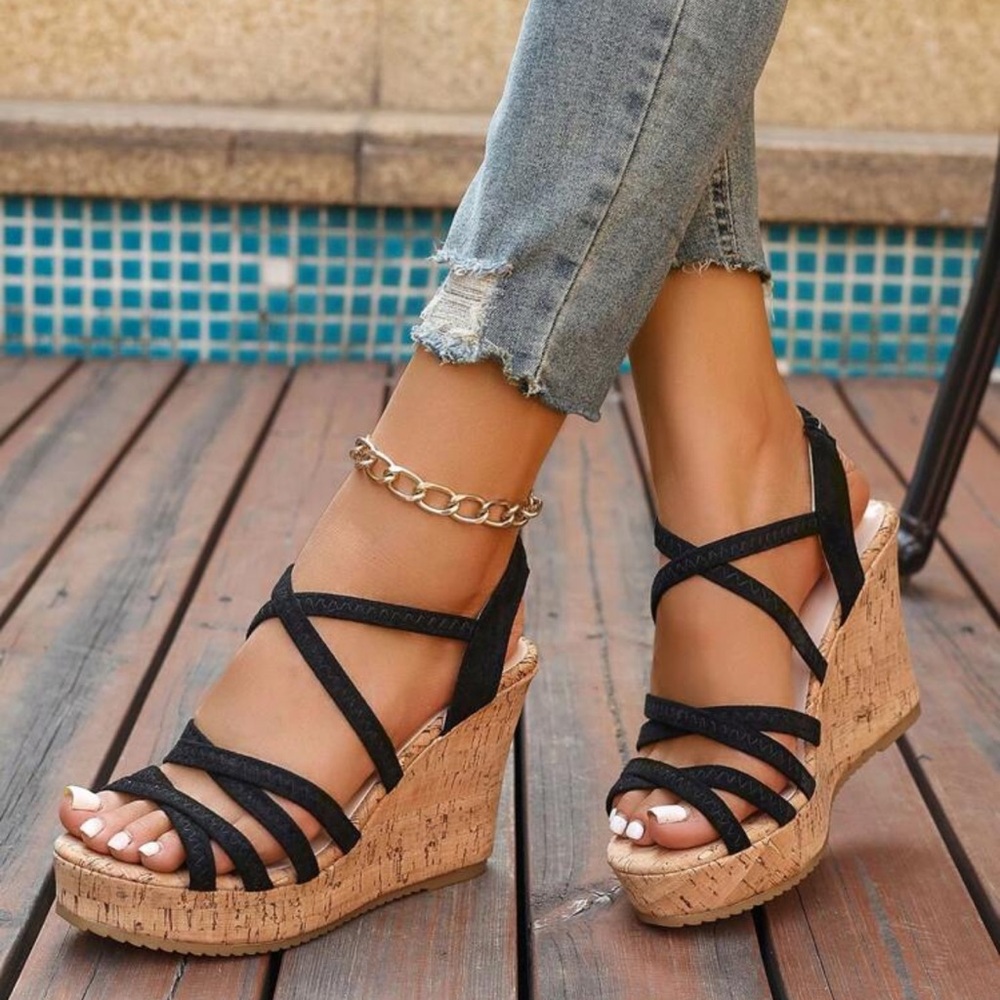 Black Strappy Cork Wedge Sandals